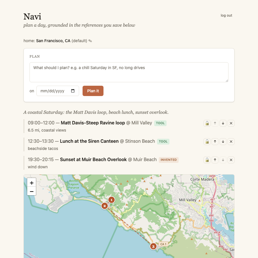 A rendered Navi plan: timed stops with source badges and a numbered pin map